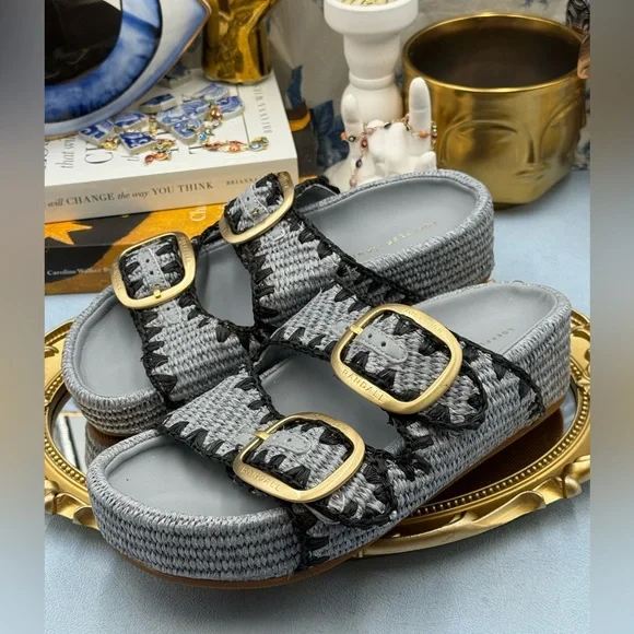 🆕 LOEFFLER RANDALL 🧿 NWOB Theo Embroidered Raffia Platform Sandal, Blue Sz 7.5 - Picture 8 of 14